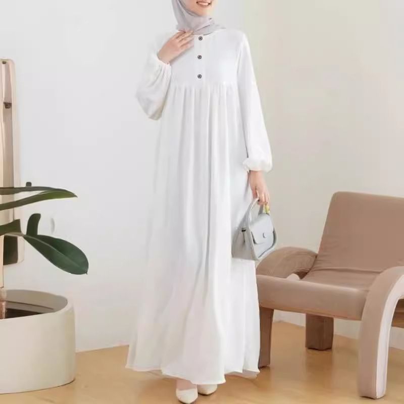 Modest Muslim Dress for Women - Casual Long Sleeve Loose Kaftan Robe with Bubble Sleeves, Solid Color Abaya Jilbab