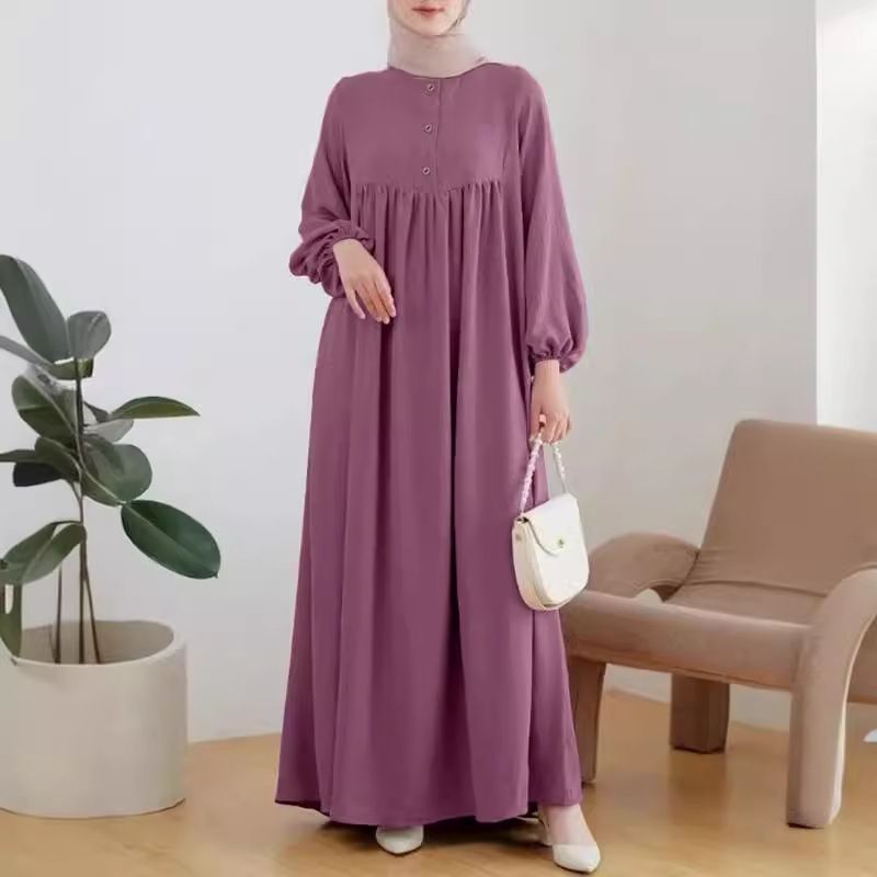 Modest Muslim Dress for Women - Casual Long Sleeve Loose Kaftan Robe with Bubble Sleeves, Solid Color Abaya Jilbab