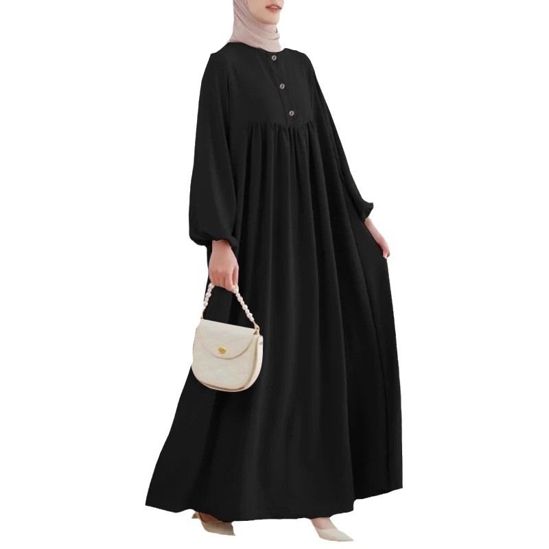 Modest Muslim Dress for Women - Casual Long Sleeve Loose Kaftan Robe with Bubble Sleeves, Solid Color Abaya Jilbab