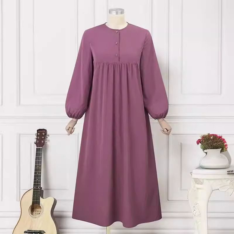 Modest Muslim Dress for Women - Casual Long Sleeve Loose Kaftan Robe with Bubble Sleeves, Solid Color Abaya Jilbab
