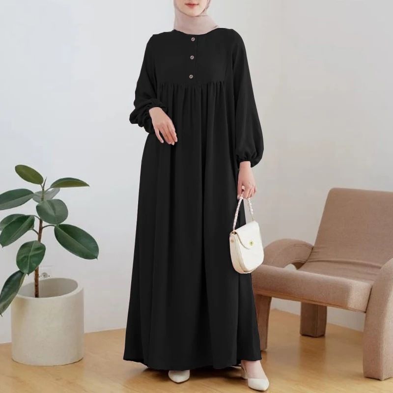 Modest Muslim Dress for Women - Casual Long Sleeve Loose Kaftan Robe with Bubble Sleeves, Solid Color Abaya Jilbab, Size: S, Color: Black