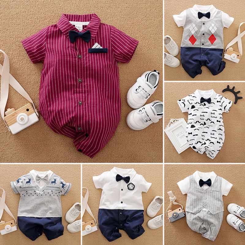 Baby Hundred Days Dress Summer Short Sleeve Thin Boy Baby Gentleman Bodysuit Shirt Newborn Clothes