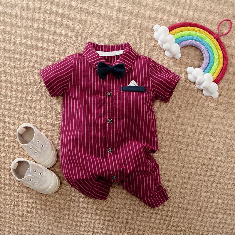 Baby Hundred Days Dress Summer Short Sleeve Thin Boy Baby Gentleman Bodysuit Shirt Newborn Clothes, Color: 1952 red vertical bar, Suitable for height: 59cm (recommended height 55-59cm)