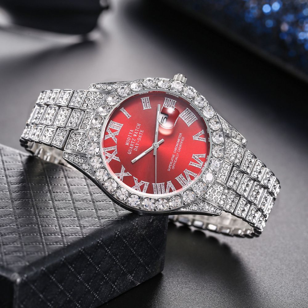 ✨ THE STARLIGHT CHRONO ✨ | Men&#39;s Full Pavé Diamond-Cut Luxury Watch, Color: Silver shell and red face