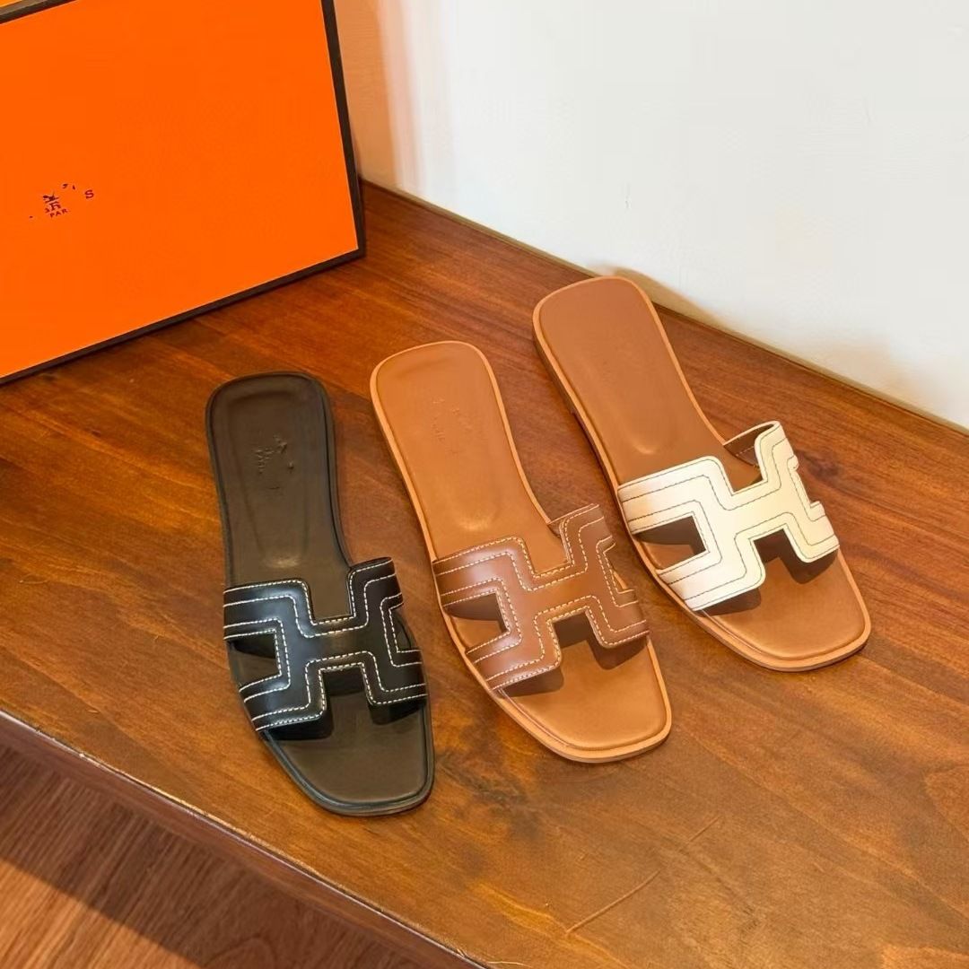 New High-End H Brand Flat Slippers For Women, Sheepskin Full-Cover Embroidery, Slip-On H Slippers