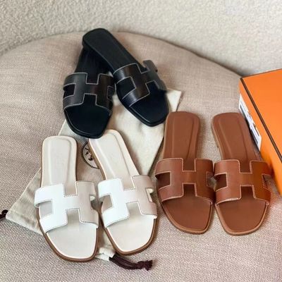 New High-End H Brand Flat Slippers For Women, Sheepskin Full-Cover Embroidery, Slip-On H Slippers