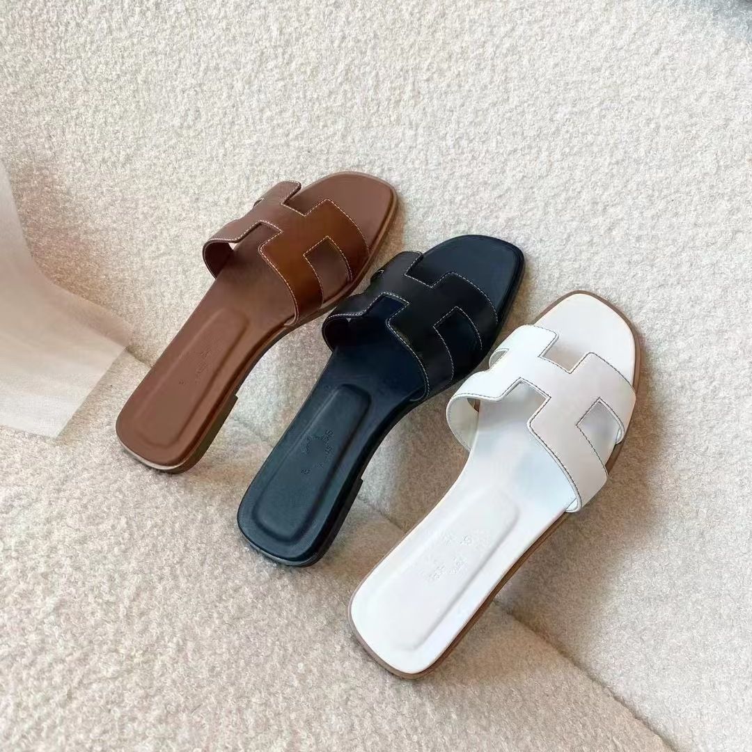 New High-End H Brand Flat Slippers For Women, Sheepskin Full-Cover Embroidery, Slip-On H Slippers