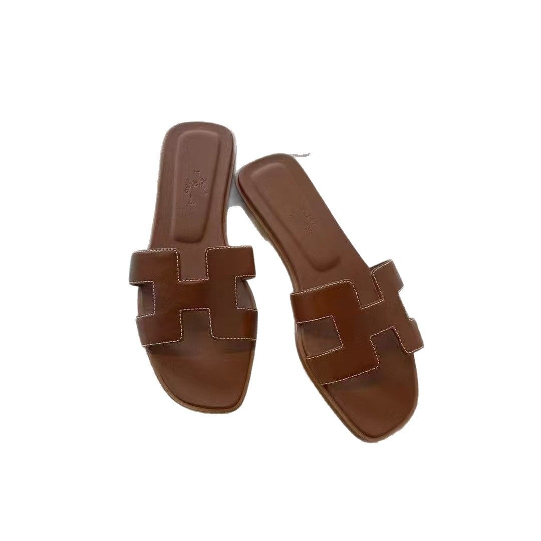 New High-End H Brand Flat Slippers For Women, Sheepskin Full-Cover Embroidery, Slip-On H Slippers