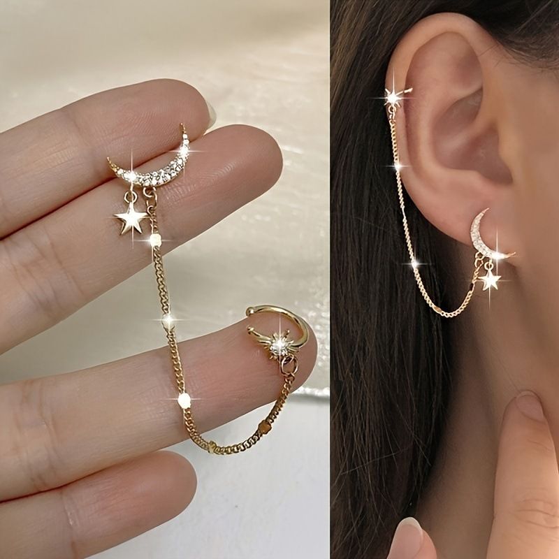 Korean Style Xingyue Zircon Earrings Personality Tassel Slim Ear Clip Multi-wear Earrings, Color: Golden left single