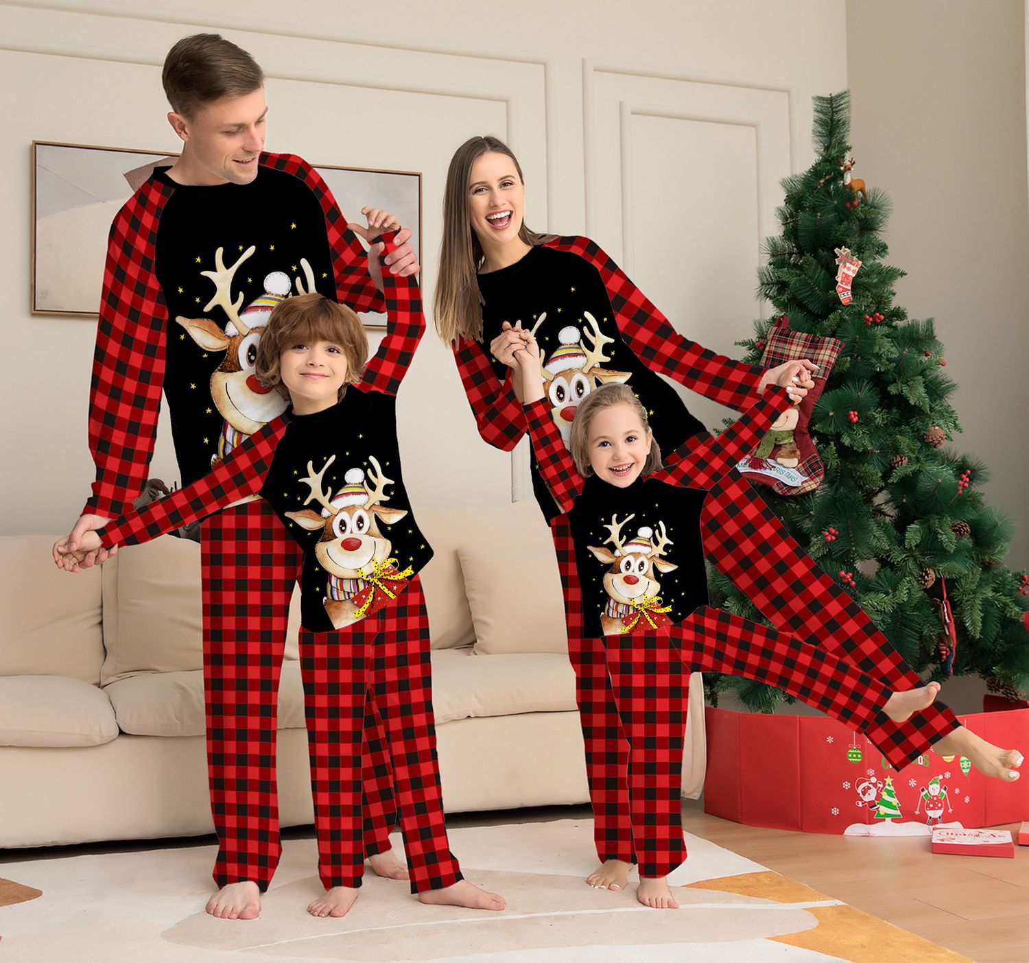 Cartoon Deer Plaid Christmas Family Clothing Printed Home Clothes Pajamas, Suitable for height: Daddy S, Color: Picture color