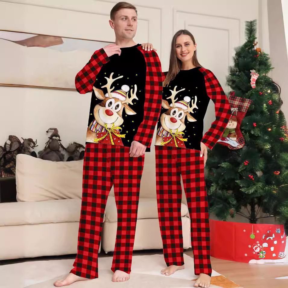 Cartoon Deer Plaid Christmas Family Clothing Printed Home Clothes Pajamas