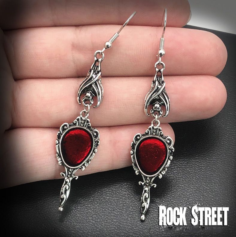 Victorian Vampire Bat Magic Mirror Drop Earrings - Blood Red Silver Vintage Goth