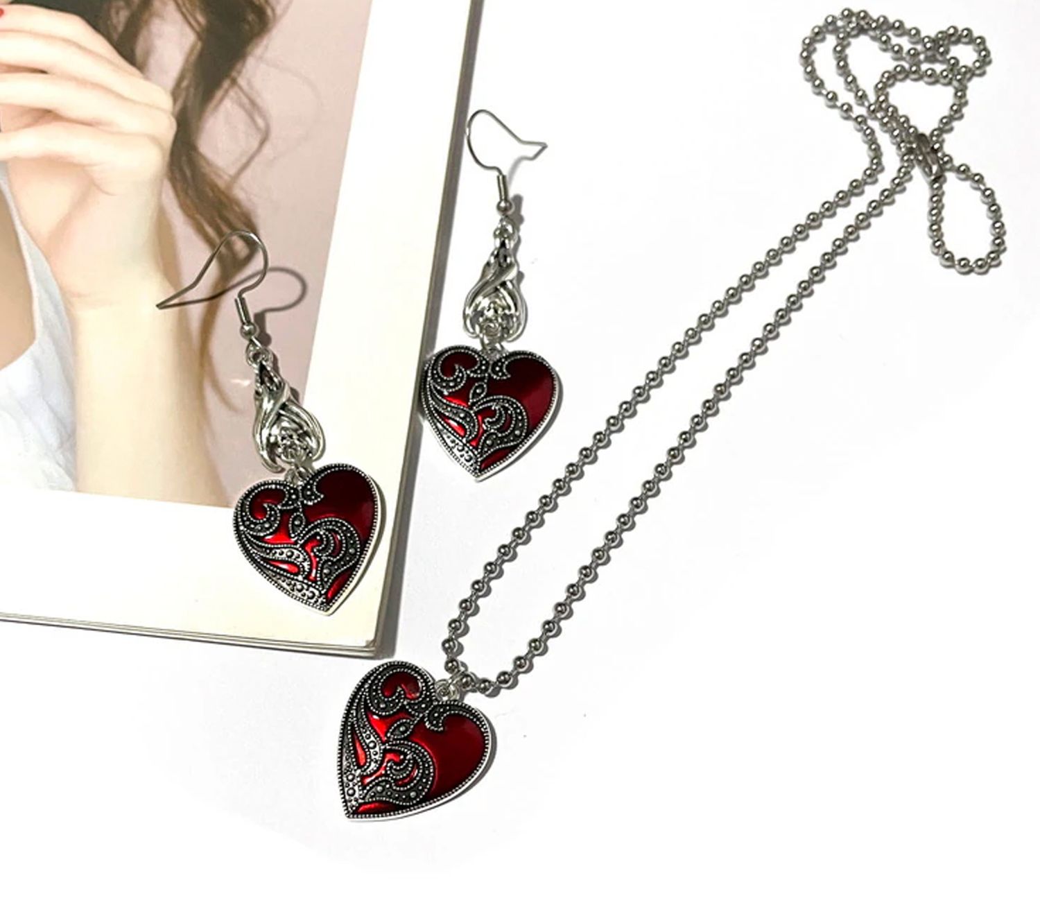 Gothic Victorian Earrings and Necklace Set Valentine Red Silver Heart Dangle