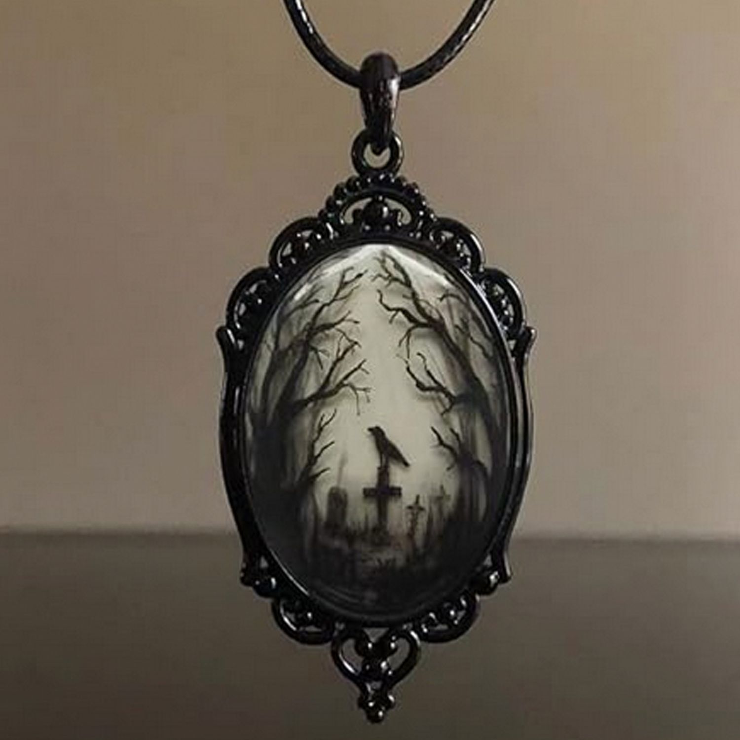 Gothic Raven Charm Necklace - Victorian Crow on Cross Forest Rope Chain - Unisex