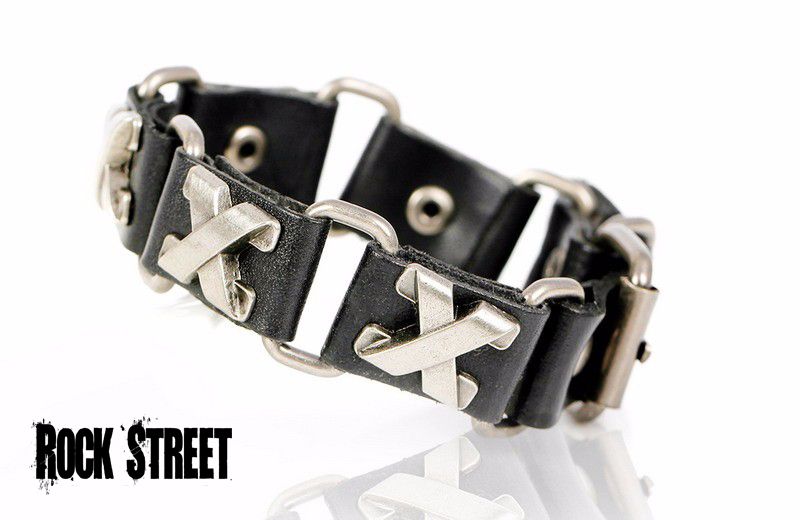 Black Leather X Criss Cross Adjustable Link Rock Punk Biker Bracelet - Men Women