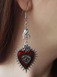 Gothic Victorian Valentine Red Heart All Seeing Eye Bat Rose Dangle Earrings