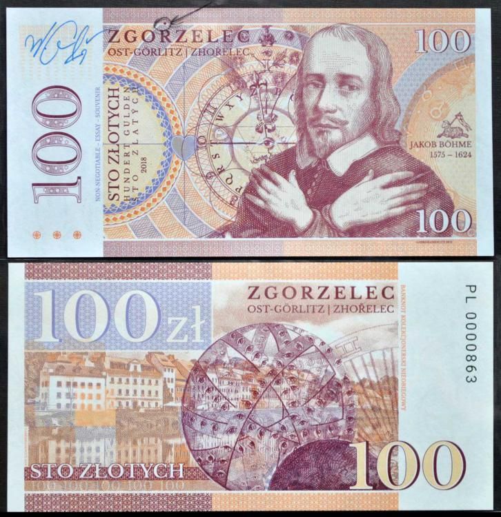 2018 100 złotych, Jakob Böhme, Zgorzelec (numerowana seria PL) - wariant z kropką