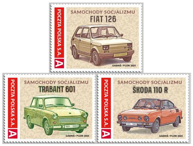 2023 Samochody socjalizmu  - Fiat, Trabant 601, Skoda 110R (seria znaczków) - M.Gábriš/K.Puzik