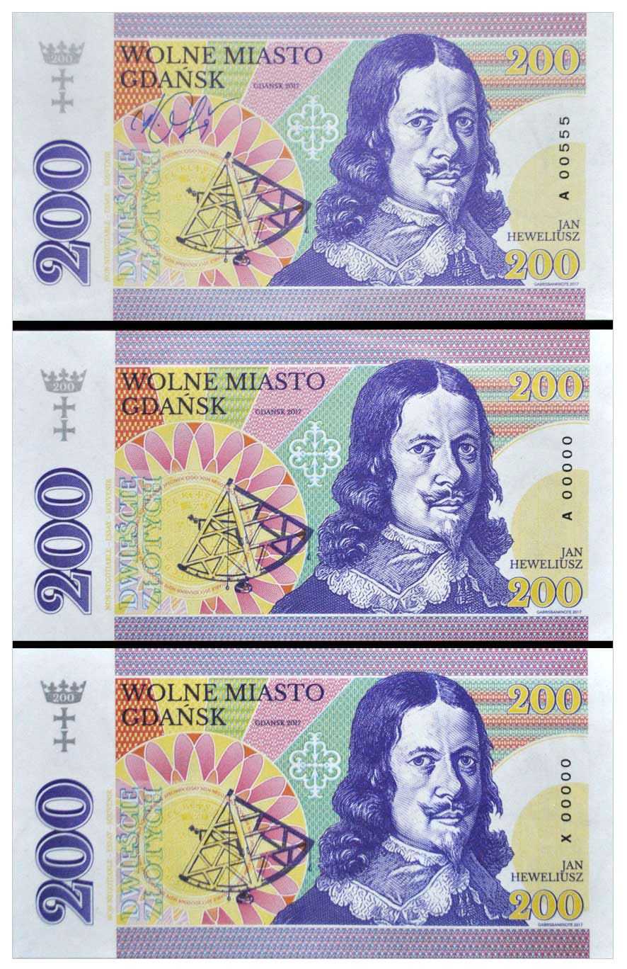 2017 200 złotych, Jan Heweliusz, Gdańsk (zestaw seria A, A00000, X00000)