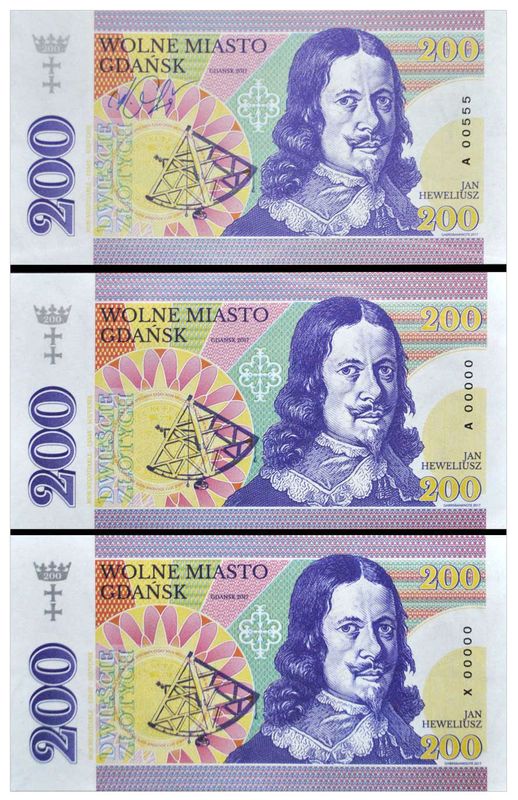 2017 200 złotych, Jan Heweliusz, Gdańsk (zestaw seria A, A00000, X00000)