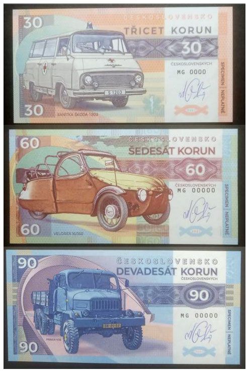 2021/10 30, 60, 90 koron Praga V3S Skoda 1203 Velorex 16/350 (MG00000) + autografy Mateja Gábriša