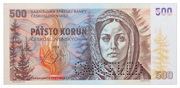 2024/10c 500 koron czechosłowackich (bez serii i numeru z perforacją CANCELED) + autograf Mateja Gábriša
