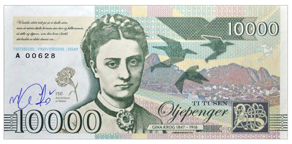 2017 10000 oljepenger Gina Krog (seria A) + autograf Mateja Gábriša