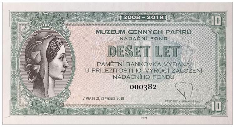 2018 10. rocznica Muzeum Papierów Wartościowych w Pradze (wariant zielony numerowany)