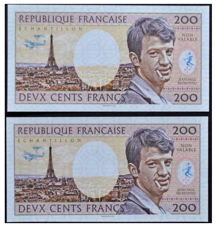 2018 200 franków Francja Jean-Paul Belmondo  (seria  A.01 + B.01 o tych samych numerach)