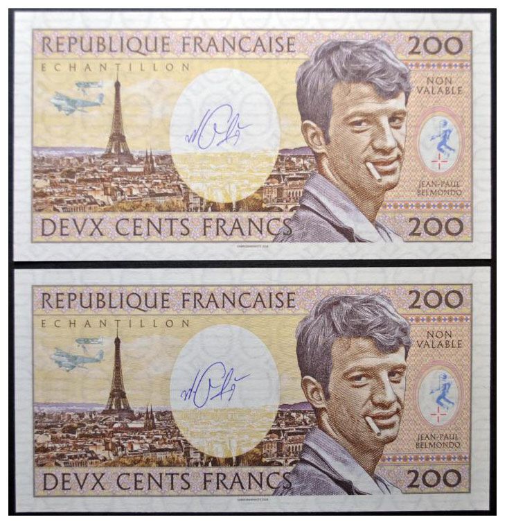 2018 200 franków Francja Jean-Paul Belmondo  (seria  A.01 + B.01 o tych samych numerach) + autografy Mateja Gábriša