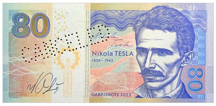 2023/02e 80. rocznica śmierci Nikoli Tesli (bez serii i numeru) perforacja CANCELED + autograf Mateja Gábriša