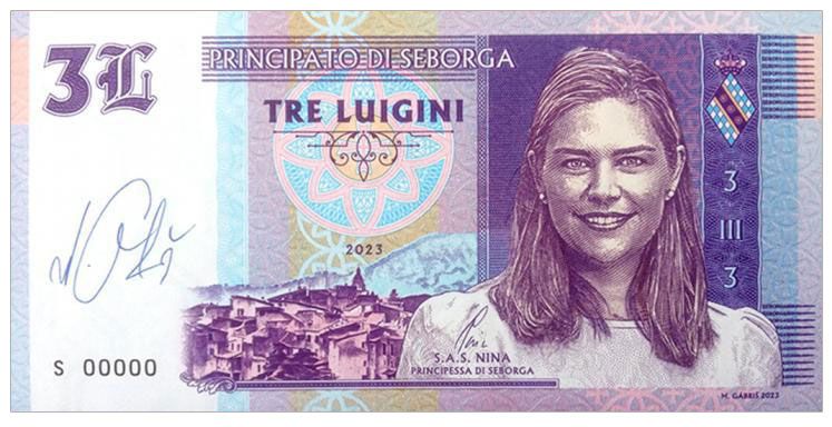 2023/10b 3 lugini Księstwo Seborga Księżniczka Nina (seria S00000) + autograf Mateja Gábriša