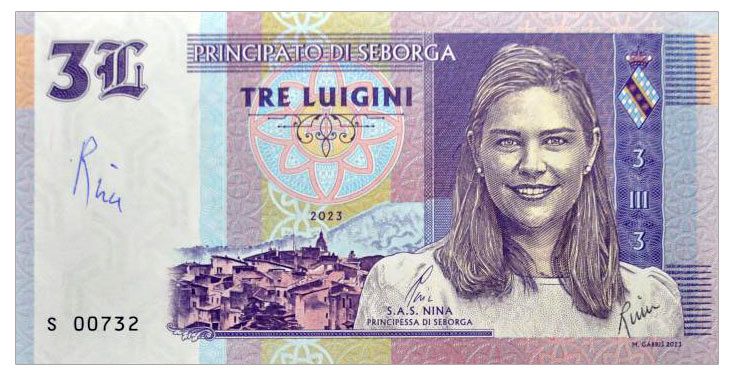 2023/10d 3 lugini Księstwo Seborga Księżniczka Nina (seria S) + autograf księżniczki Niny