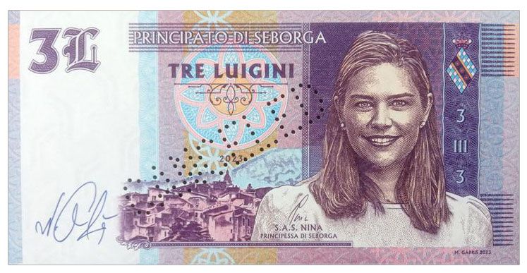 2023/10e 3 lugini Księstwo Seborga Księżniczka Nina (bez serii i numeru) + perforacja CANCELED + autograf Mateja Gábriša