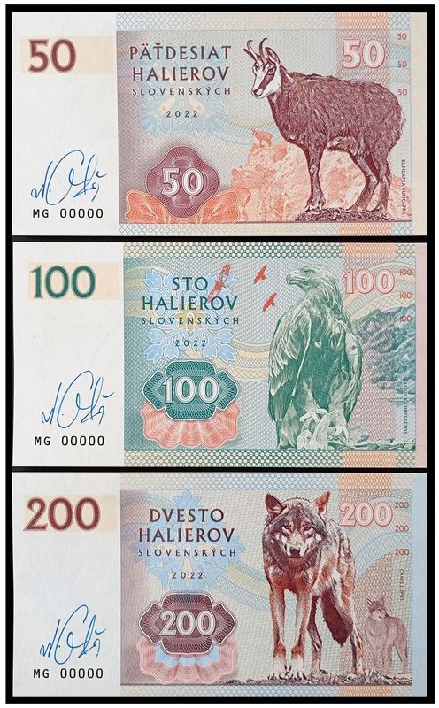 2022/02a 50, 100, 200 halerzy Zwierzęta naszych gór (MG00000) + autografy Mateja Gábriša