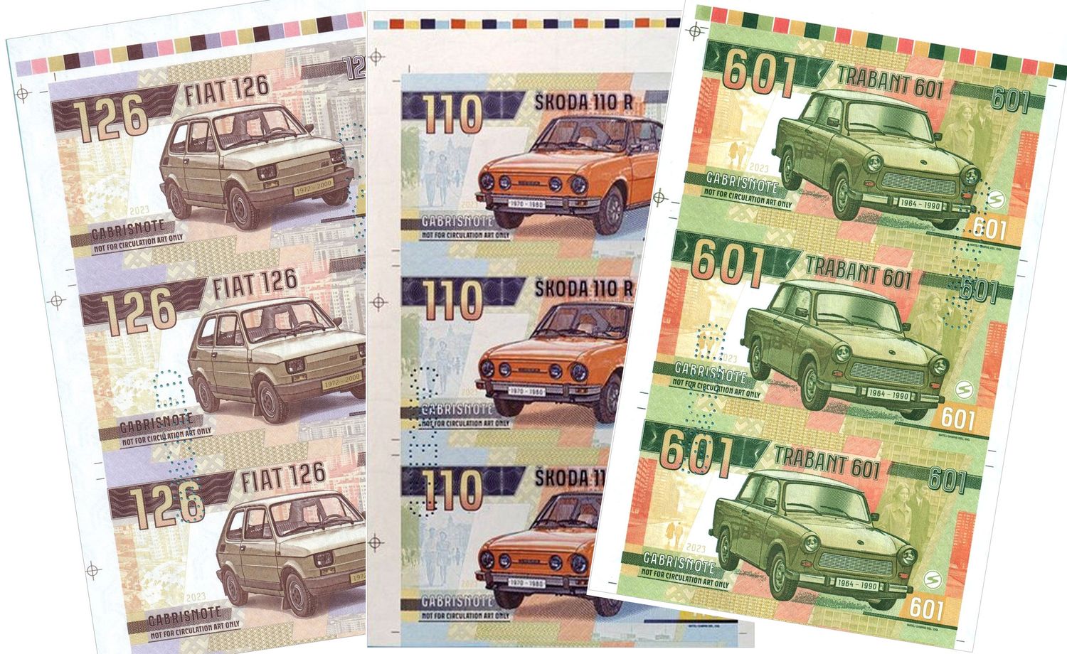 2023/03d Samochody socjalizmu Fiat 126p Trabant 601 Skoda 110R (zestaw trzech arkuszy) + perforacja CANCELED