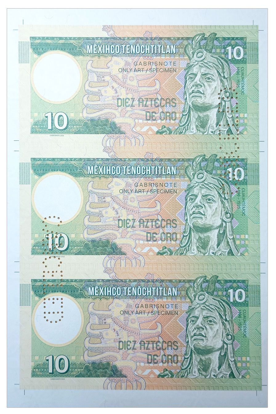 2023/09f 10 złotych azteckich (arkusz) + perforacja CANCELED
