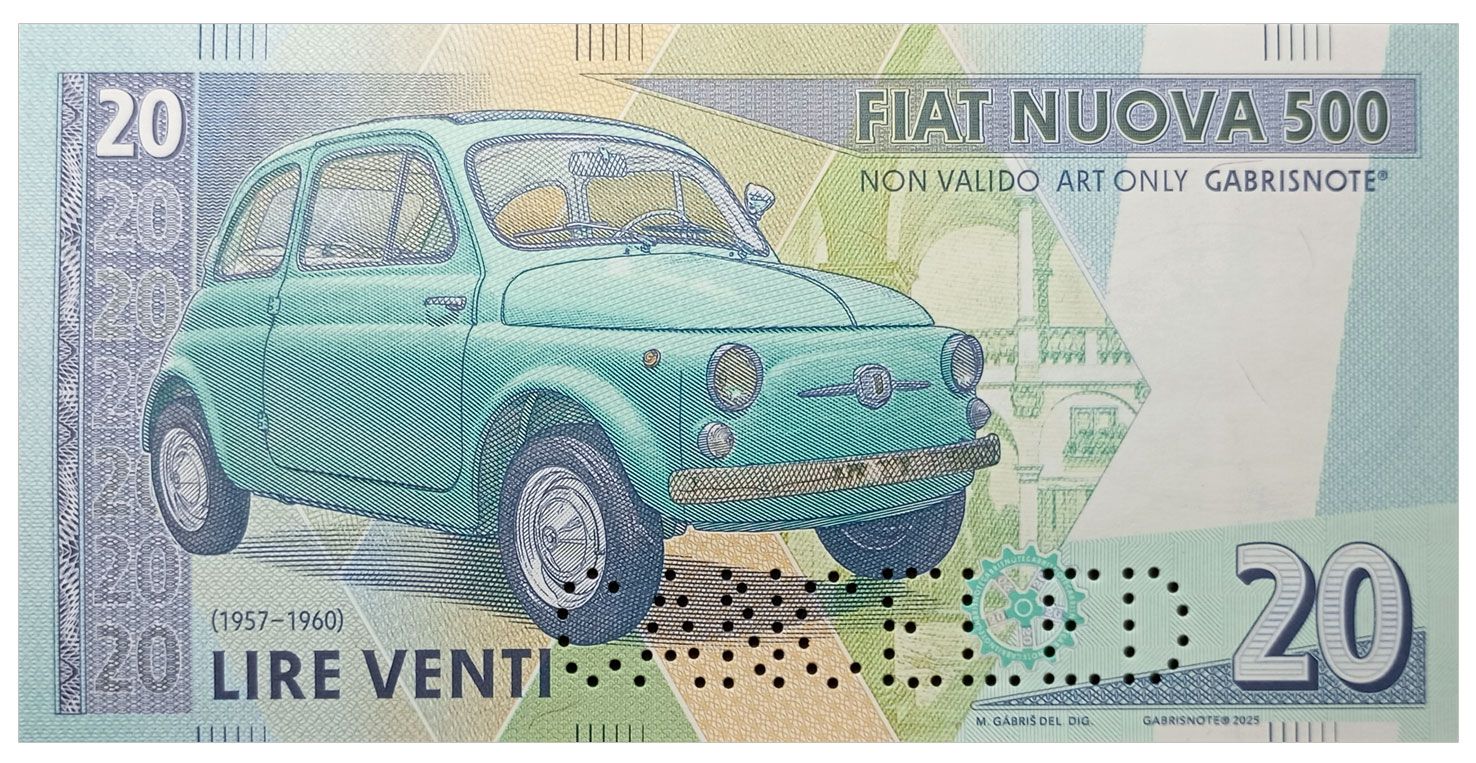 2025/03d Mini samochody 20 lirów Fiat 500 (bez serii i numeru) + perforacja CANCELED