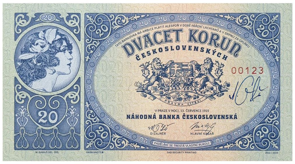 2025/01b 20 koron czechosłowackich 1919 (numerowana bez serii) + autograf Mateja Gábriša