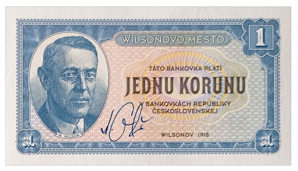 2024/17b 1 korona - Wilsonovo Mesto (1918) + autograf Mateja Gábriša