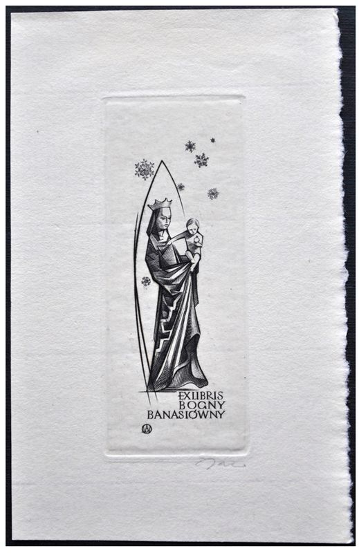 Jakubowski Wojciech (115/1960) Exlibris Bogny Banasiówny, 79x30, Madonna gotycka