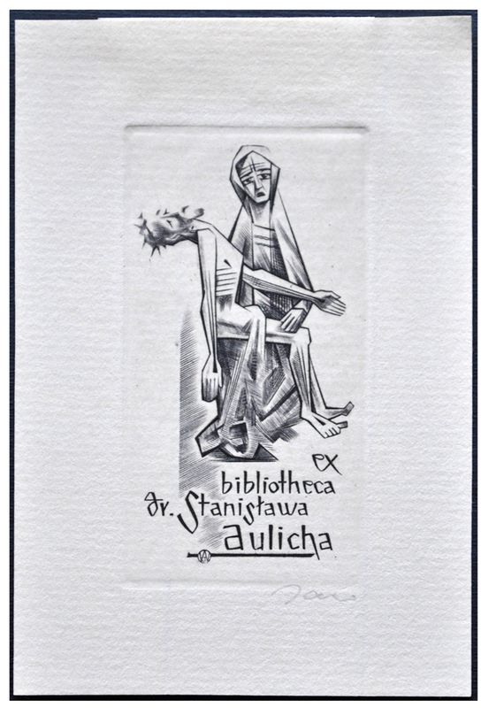 Jakubowski Wojciech (134/1961) Exlibris dr Stanisław Aulich, 60x33, pieta