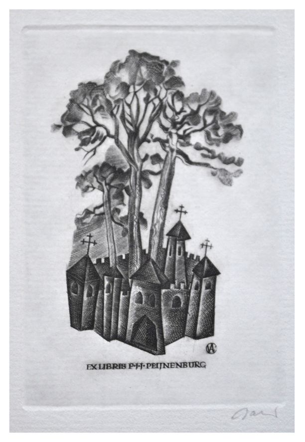 Jakubowski Wojciech (528/1980) Exlibris P.J.J. Peijnenburg, 82x55, sosny