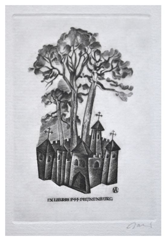 Jakubowski Wojciech (528/1980) Exlibris P.J.J. Peijnenburg, 82x55, sosny