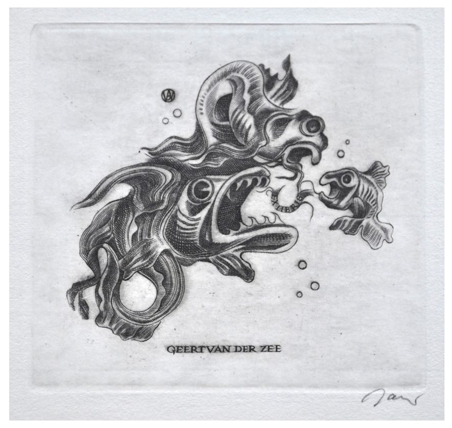 Jakubowski Wojciech (536/1980) Exlibris Geert van der Zee, 64x66, ryby