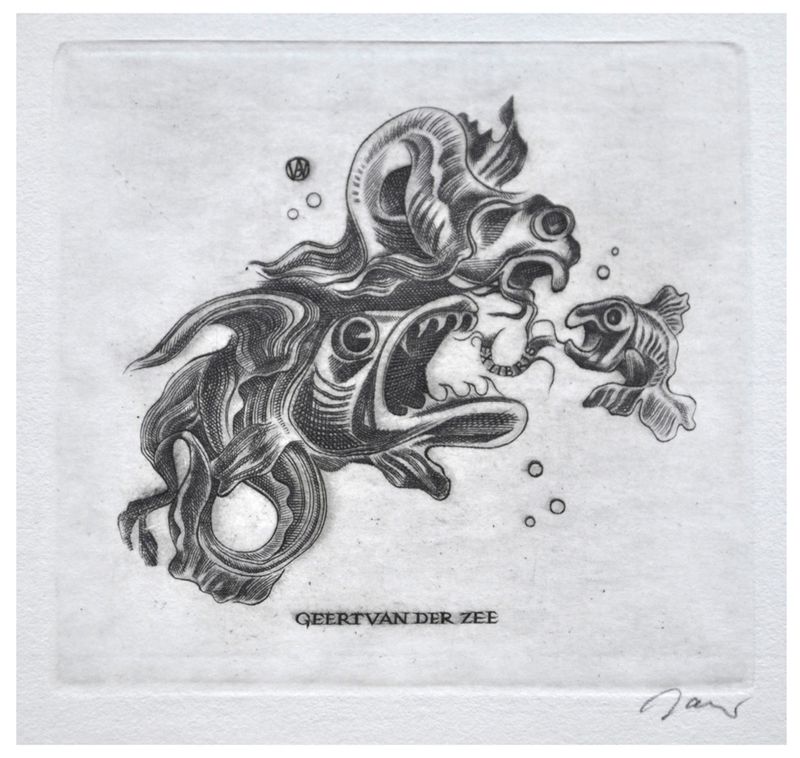 Jakubowski Wojciech (536/1980) Exlibris Geert van der Zee, 64x66, ryby