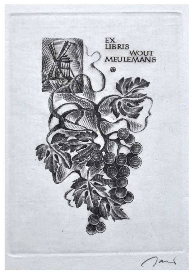 Jakubowski Wojciech (546/1981) Exlibris Wout Meulemans, 74x53, winogrono i wiatrak
