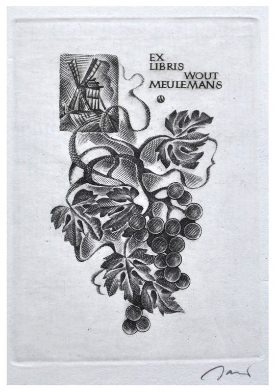 Jakubowski Wojciech (546/1981) Exlibris Wout Meulemans, 74x53, winogrono i wiatrak