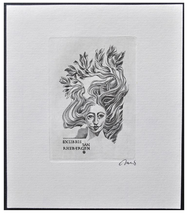 Jakubowski Wojciech (583/1984) Exlibris Jan Rhebergen, 62x43, głowa dzieczyny z kwiatami