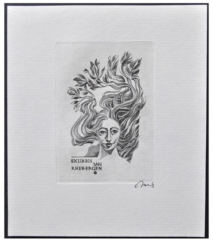Jakubowski Wojciech (583/1984) Exlibris Jan Rhebergen, 62x43, głowa dzieczyny z kwiatami